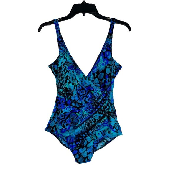 Miraclesuit Reptile Animal Print Swimsuit Women’s 16 Blue One Piece Soft Cup Bra - Picture 1 of 11